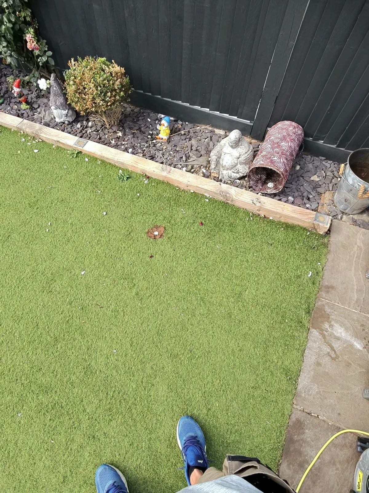 Artificial grass border before cleaning showing accumulated debris