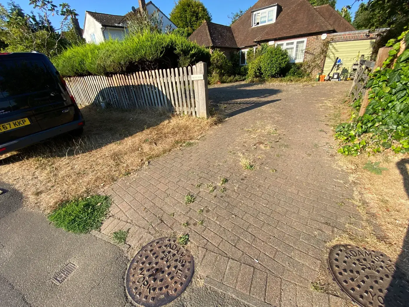 Driveway before cleaning — heavy weed and moss growth