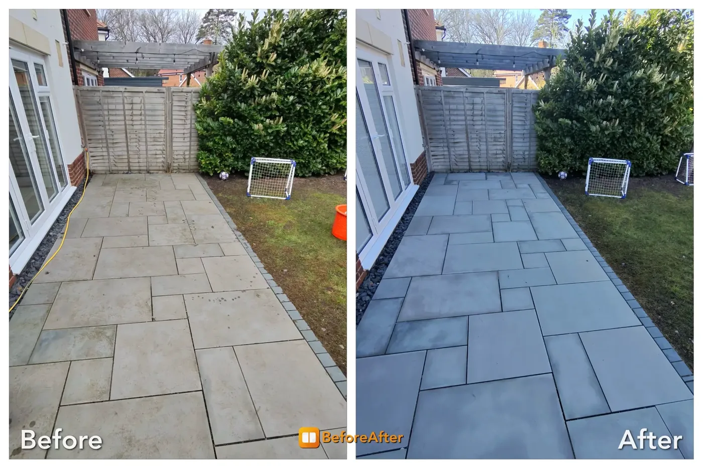 Smooth patio before and after pressure washing