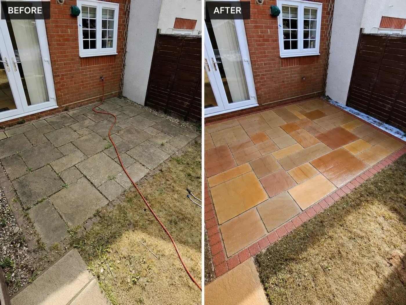 Sandstone patio before and after pressure washing