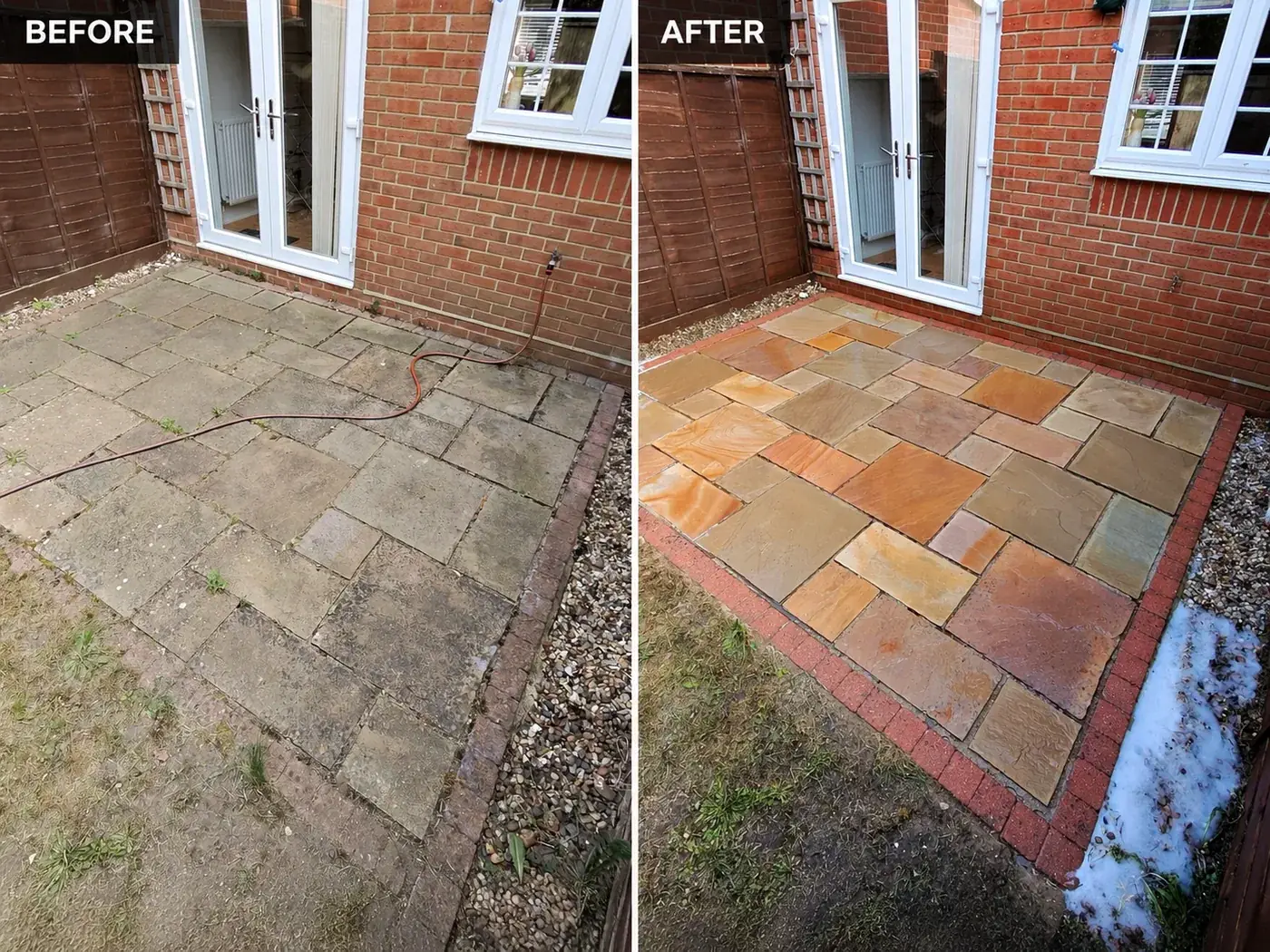 Sandstone patio before and after pressure washing
